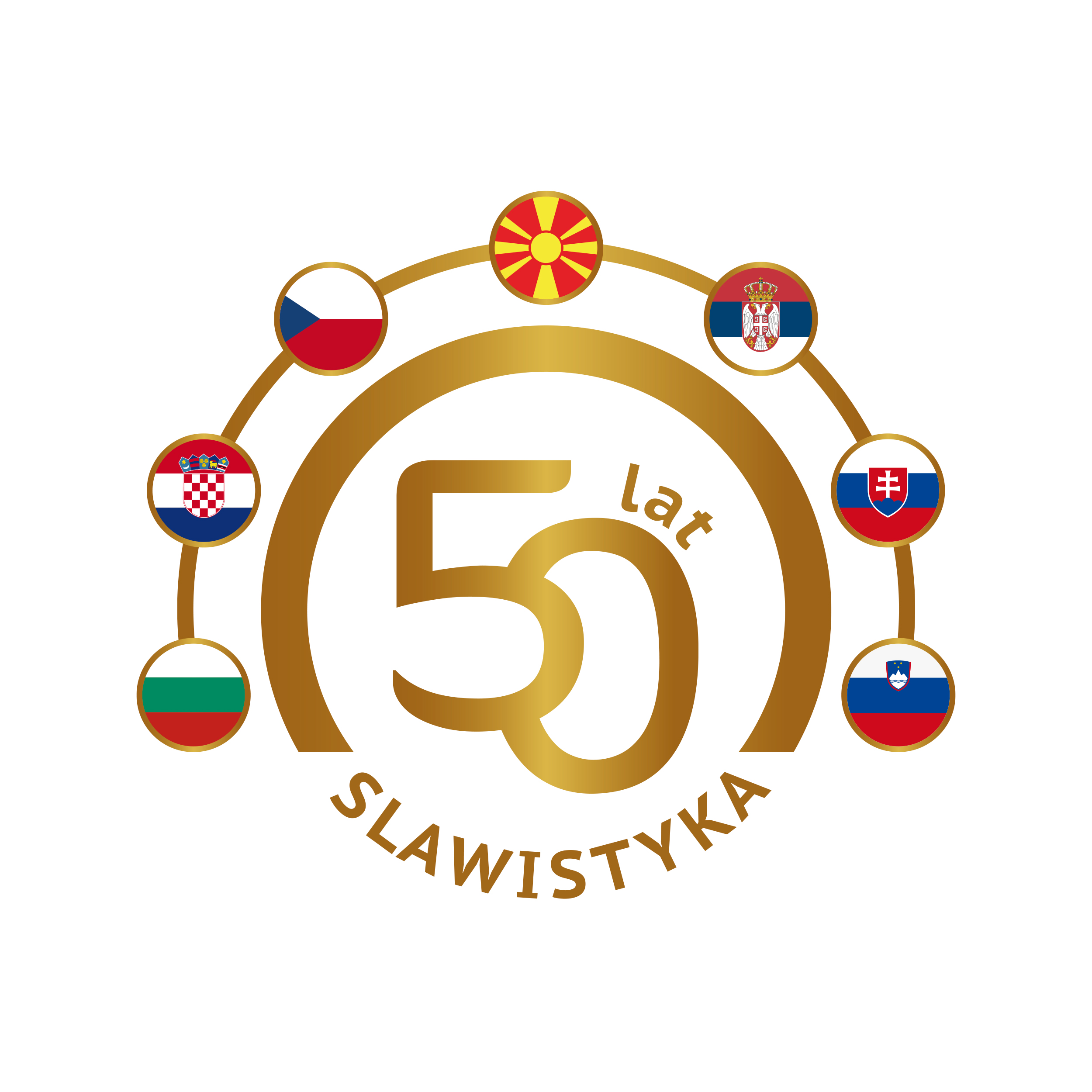 logo przedstawiające napis: 50 lat slawistyka otoczony flagami krajów słowiańskich