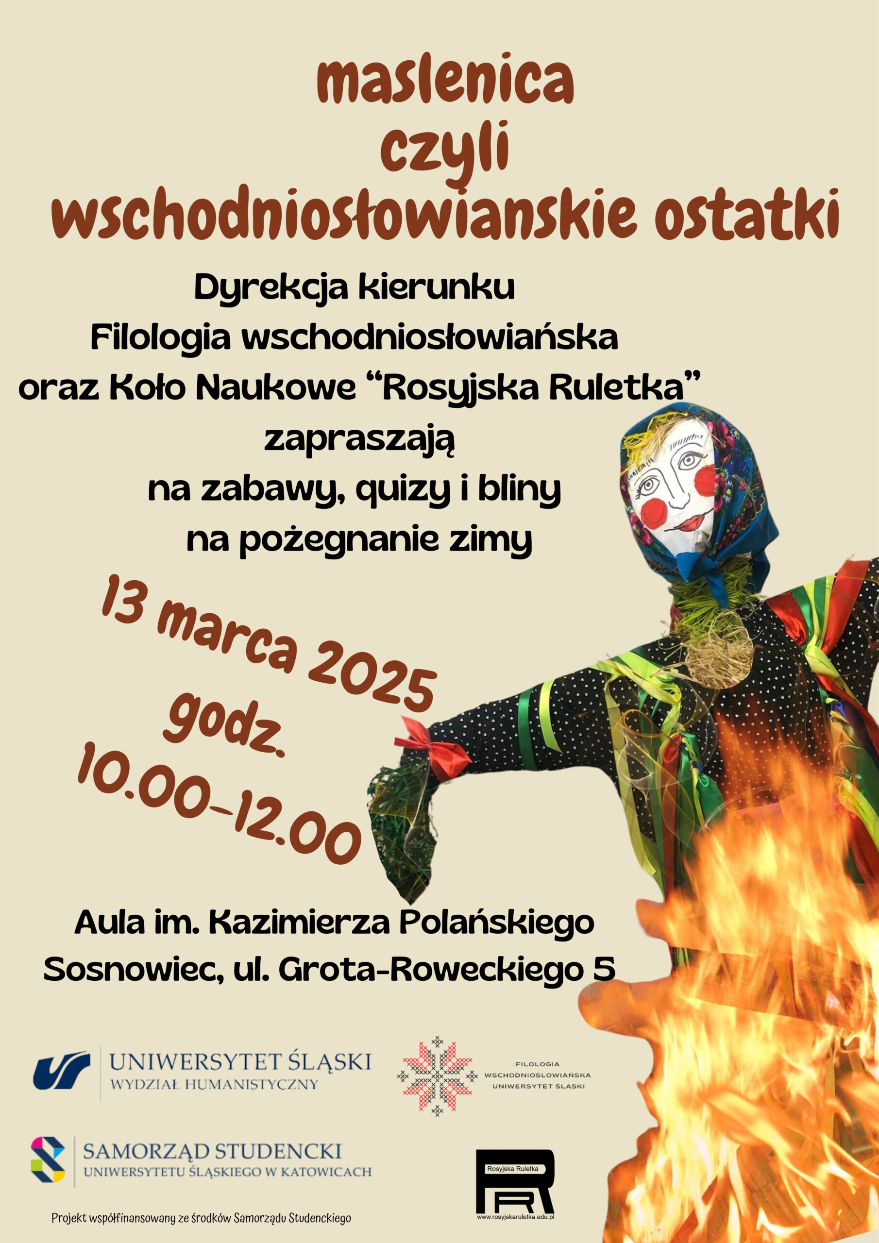 Plakat wydarzenia przedstawiający palącą się kukłę