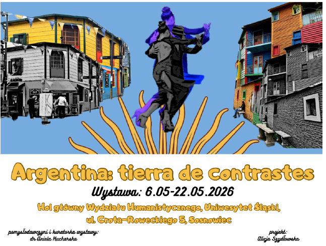 Grafika promująca wystawę argentina z budynkami i ludźmi w tle