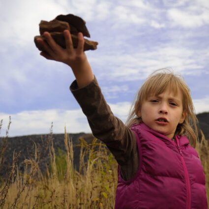 dziecko trzymające w uniesionej dłoni kamienie