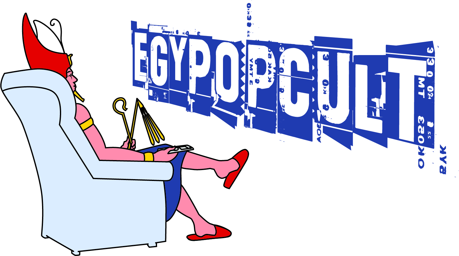 faraon siedzący na błękitnym fotelu w czerwonych kapciach, w ręku trzyma pilot do telewizora, patrzy na napis 'egypopcult'