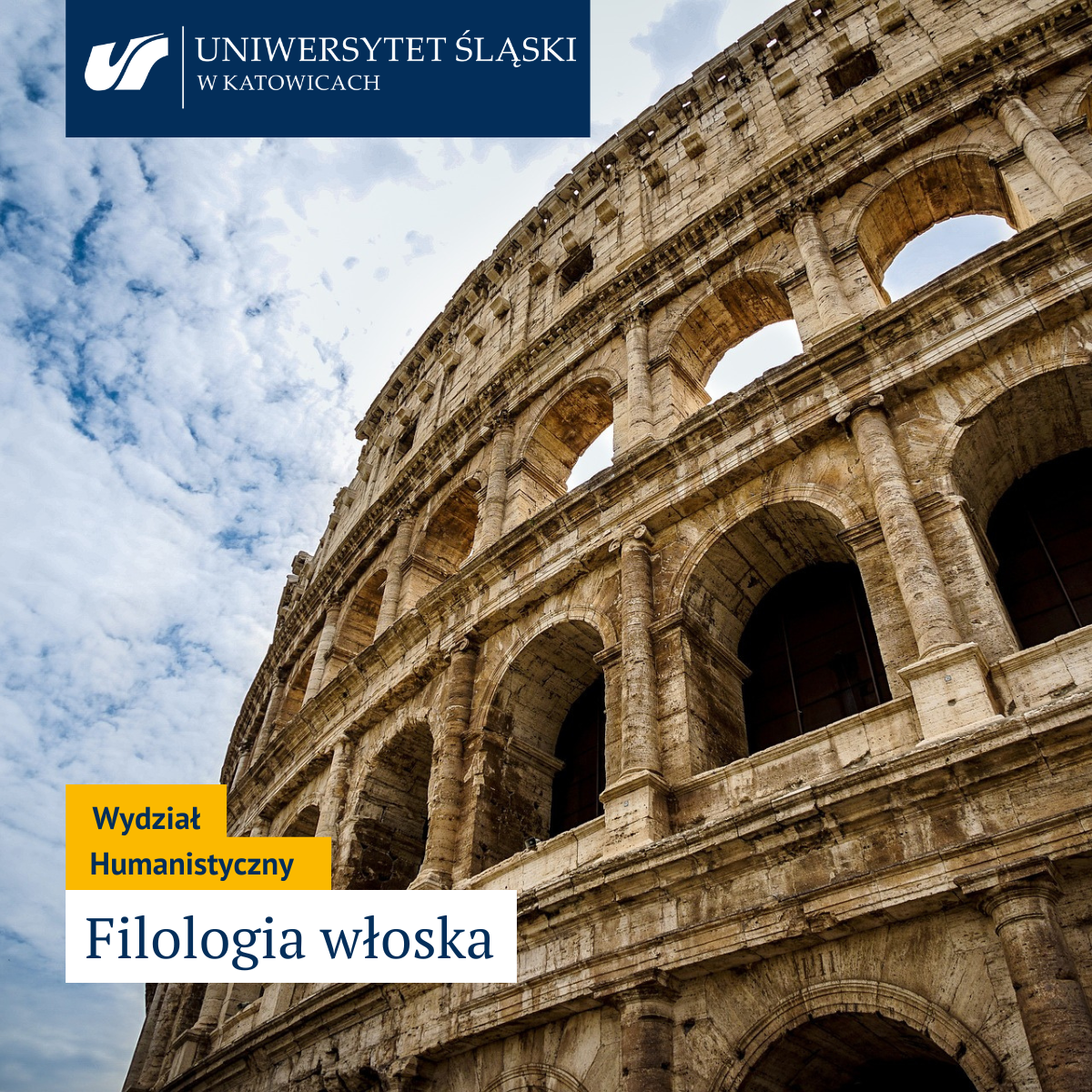 Koloseum, logo Uniwersytetu Śląskiego w Katowicach, napis Wydział Humanistyczny filologia włoska