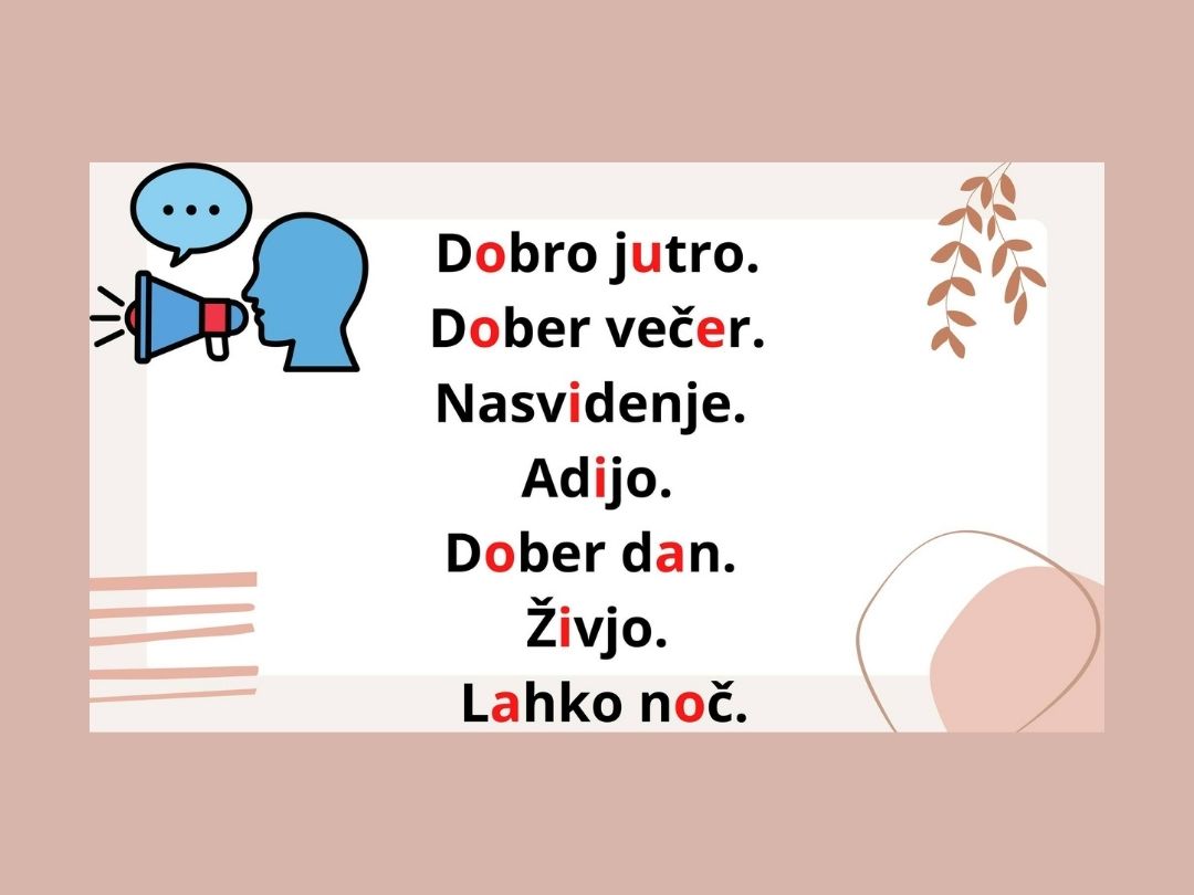 grafika przedstawiająca podstawowe zwroty na przywitanie i pożegnanie w języku słoweńskim