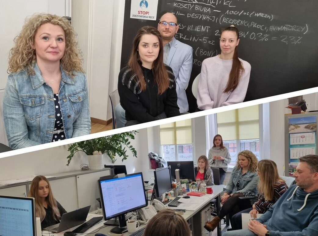 kolaż dwóch zdjęć przedstawiających studentów filologii słowiańskiej na zajęciach w biurze podróży