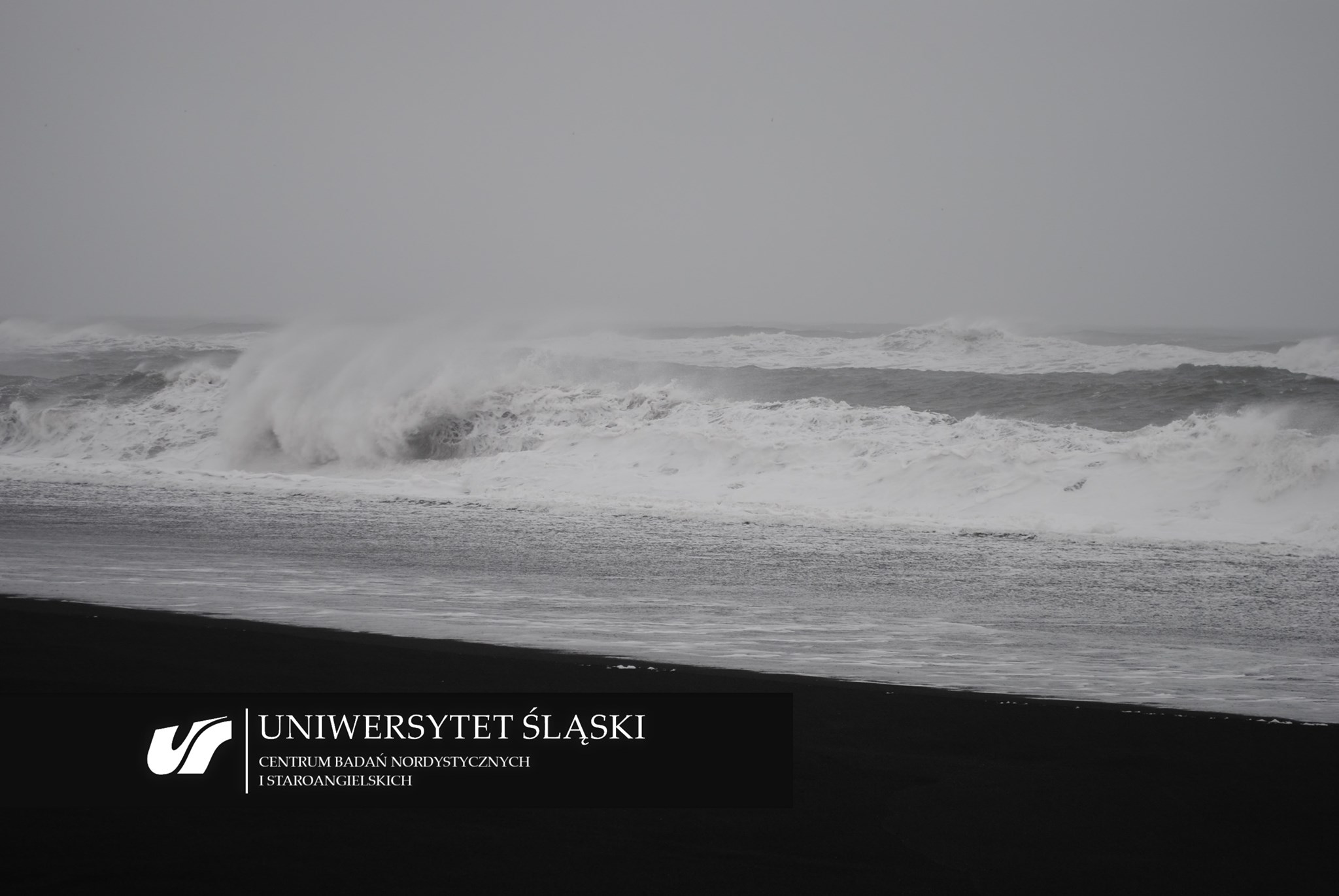 czarno-biała fotografia morskich fal z logo Centrum Badań Nordystycznych i Staroangielskich