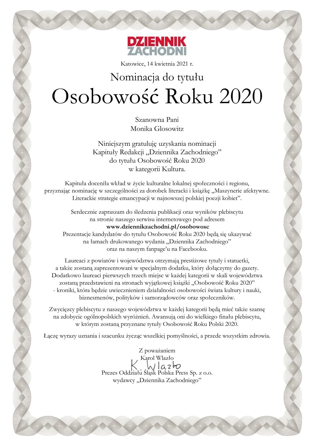 nominacja do tytułu Osobowość Roku 2020 w kategorii kultura dla dr Moniki Glosowitz