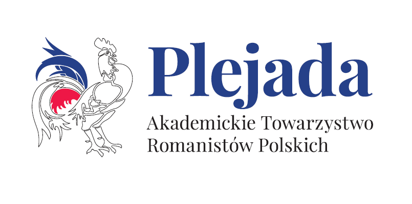 logotyp: po lewej rysunek koguta, po prawej napis:Plejada Akademickie Towarzystwo Romanistów Polskich
