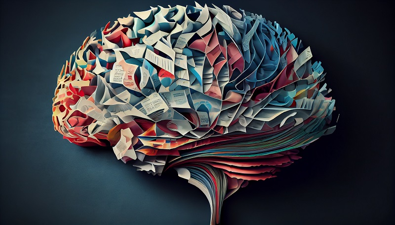 grafika przedstawiająca mózg stworzony z gazet i książek