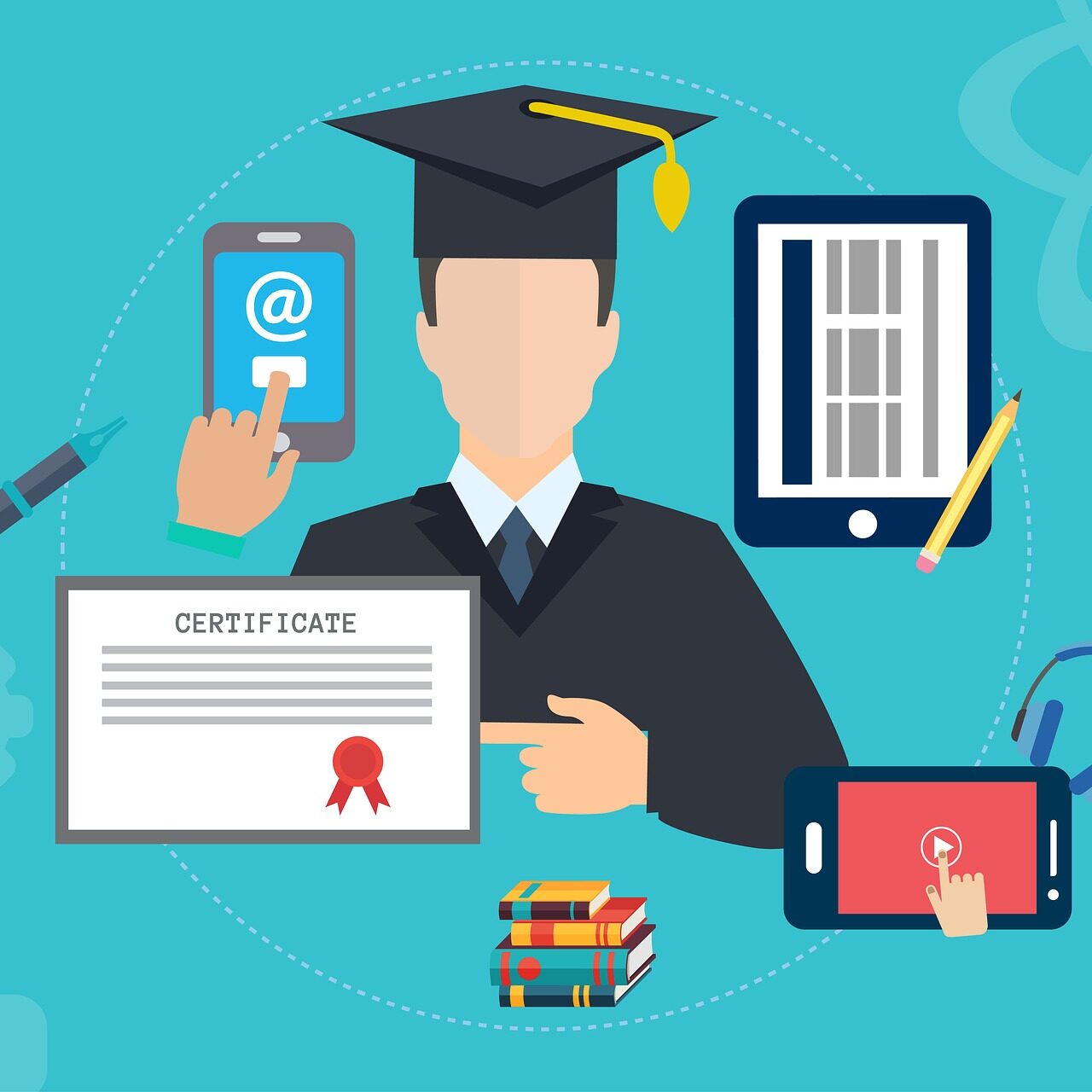 grafika przedstawiająca osobę w stroju absolwenta otoczoną certyfikatem, książkami i tabletami