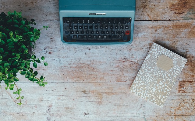 maszyna do pisania, notes i zielona roślina doniczkowa leżące na drewnianym blacie