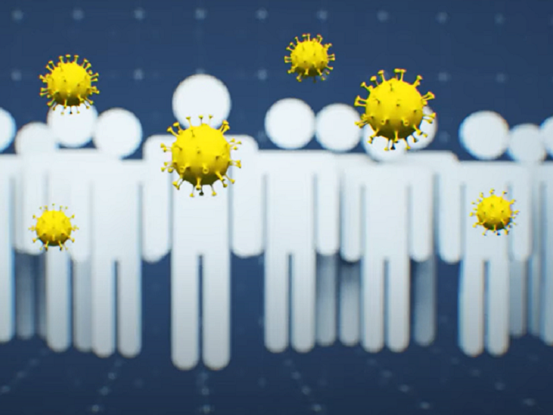 A graphic with a group of people with small coronaviruses
