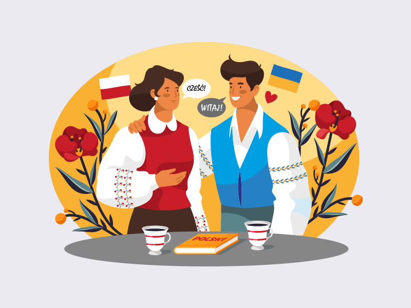 grafika przedstawiająca dwie rozmawiające ze sobą osoby (jedną z Polski, drugą z Ukrainy)
