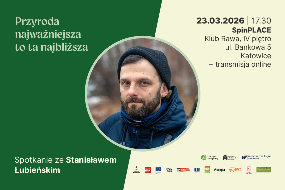 Stanisław Łubieński_dzikie życie Grafika w kolorze zielono-kremowym, napisy informujące o wydarzeniu, loga organizatorów i sponsorów, centralnie postać mężczyzny z brodą wpisana w okrąg