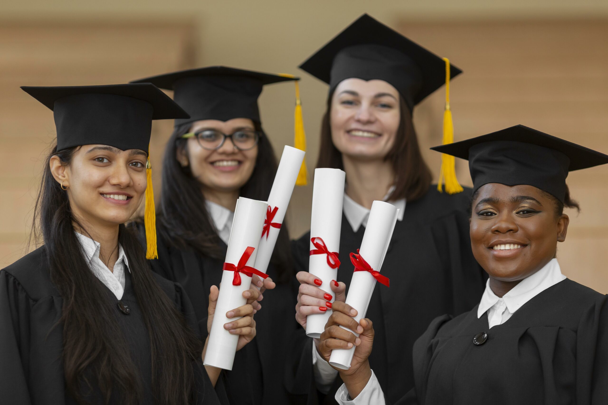 zdjęcie portretowe czterech studentek w togach, biretach i trzymajacych dyplomy