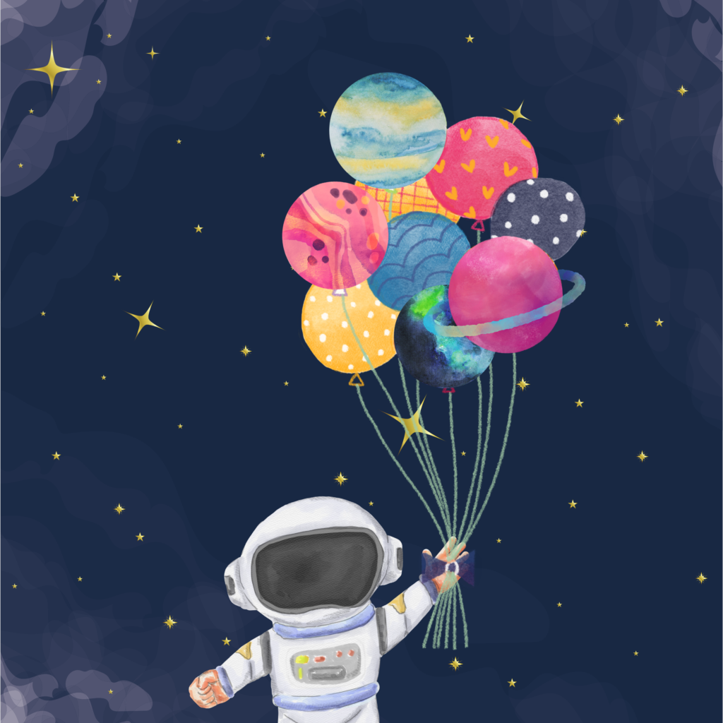 astronauta z balonami