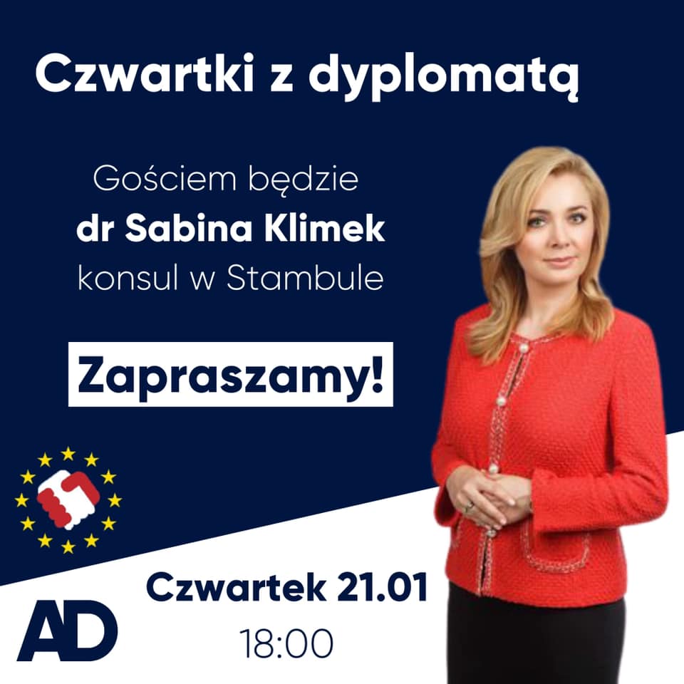 Plakat wydarzenia Czwratki z dyplomatą, zdjecie dr Sabiny Klimek, konsula w Stambule. Spotkanie w czwartek 21.01.2021 roku o godz. 18.00