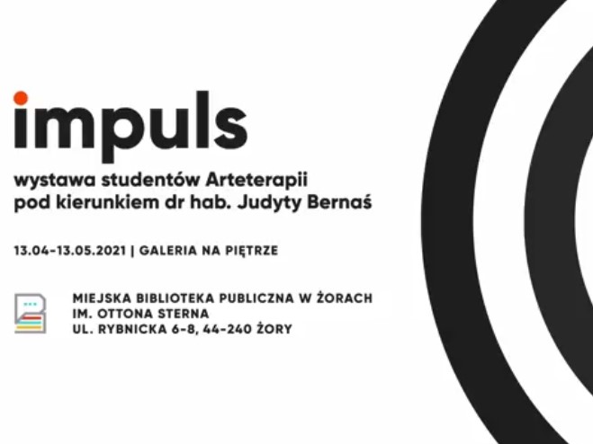 plakat wystawy "Impuls", na któej prace wystawiają studenci Arteterapii