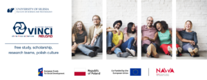VINCI RELOADED 7 roześmianych osób, a z boku logotyp projektu i na dole flaga Polski, Unii Europejskiej logo NAVA i Logo funduszy europejskich projektu vinci oraz umieszczone lo
