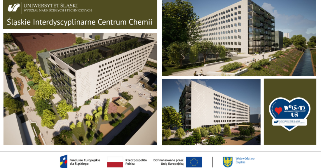 Grafika z wizualizacjami Śląskiego Interdyscyplinarnego Centrum Chemii z logo WNST