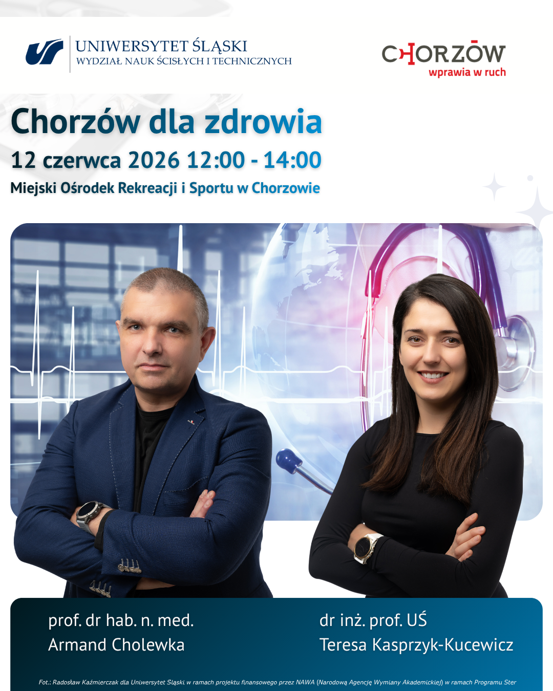 ZdrowieWChorzowie sylwetki kobiety i mężczyzny podpisane imieniem i nazwiaskiem