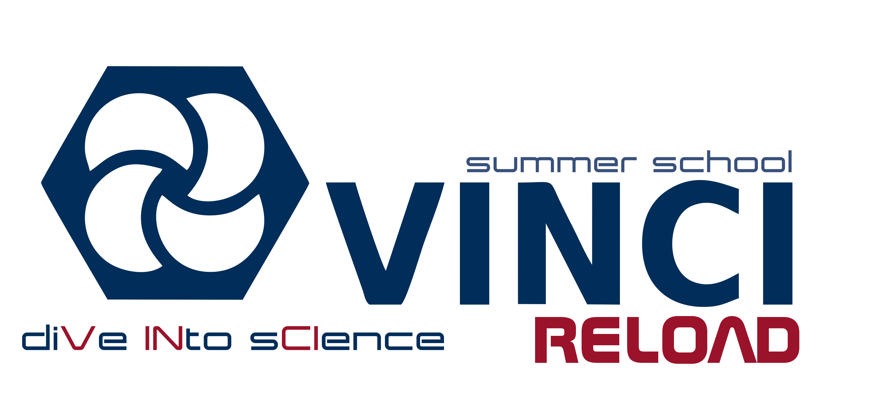 Znak graficzny projektu | Projekt: dr hab. Seweryn Kowalski, prof. UŚ słowa napisane różnymi czcionkami w kolorze granatowym i burgundowymL vinci, summer schhol reload dive into science