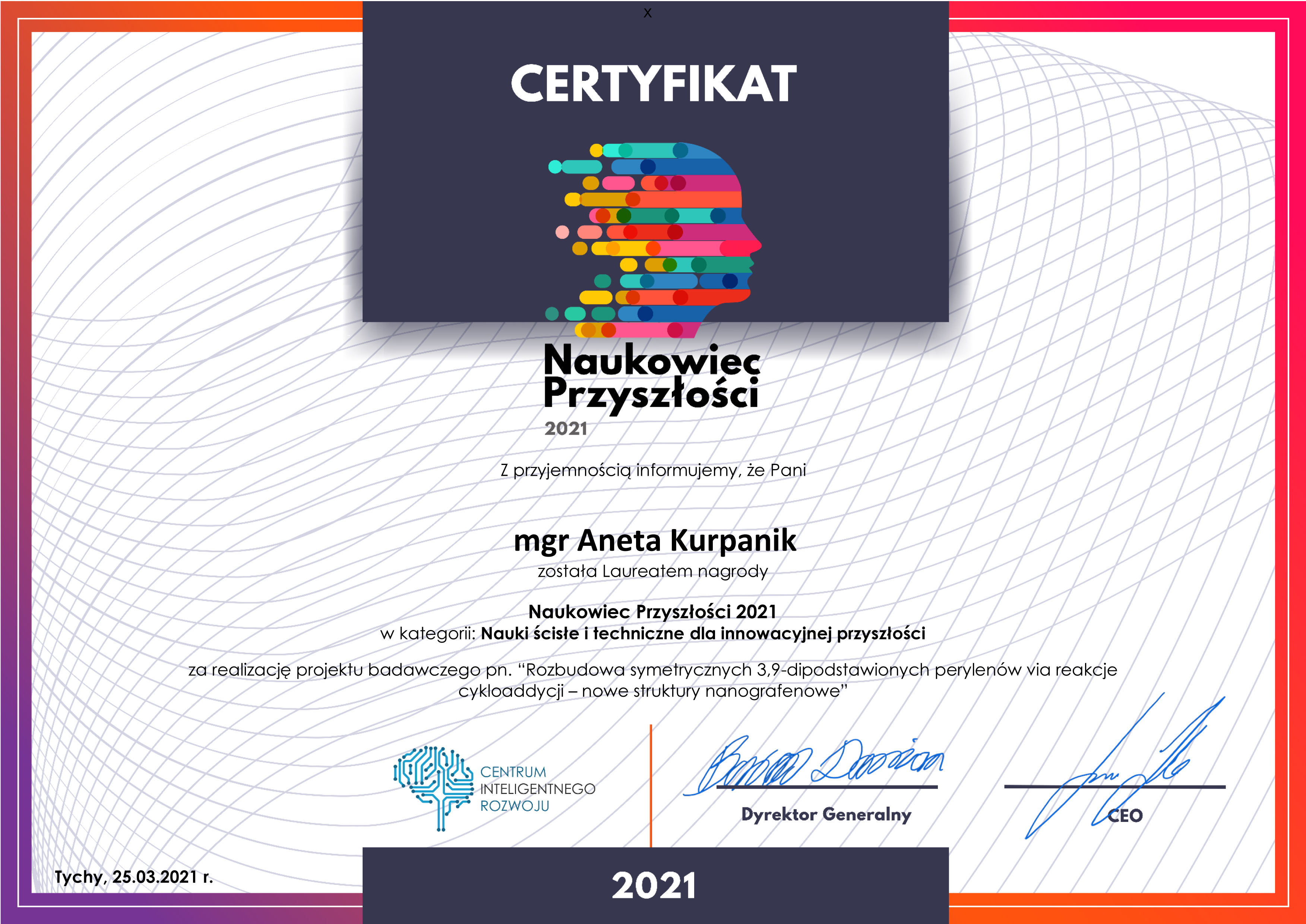 Naukowiec przyszłości - Certyfikat - mgr Aneta Kurpanik
