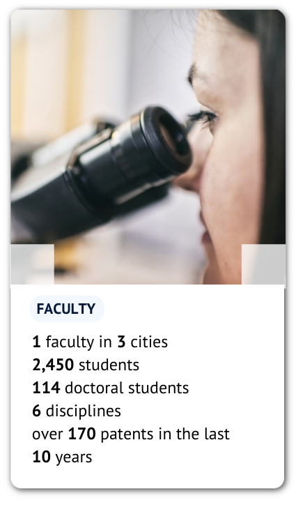 A card with a photo of young scientist and some information: 1 campus in 3 cities 2,450 students 114 doctoral students 6 disciplines 12 degree programmes over 170 patents in the last 10 years