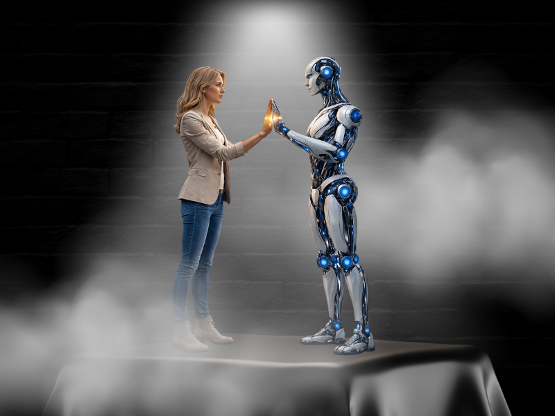 dwie postaci stoją na podeście. Jedna to kobieta ubrana w jasną marynarkę oraz niebieskie spodnie, a druga to android. Obie postacie dotykają swoich dłoni