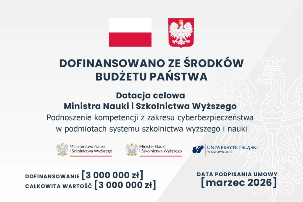 grafika ilustracyjna Grafika informująca o zadaniu „Podnoszenie kompetencji z zakresu cyberbezpieczeństwa w podmiotach szkolnictwa wyższego i nauki”, finansowanym z dotacji celowej Ministra Nauki i Szkolnictwa Wyższego. Dofinansowanie i całkowita wartość zadania wynoszą 3 000 000 zł. Umowę podpisano w marcu 2026 r.
