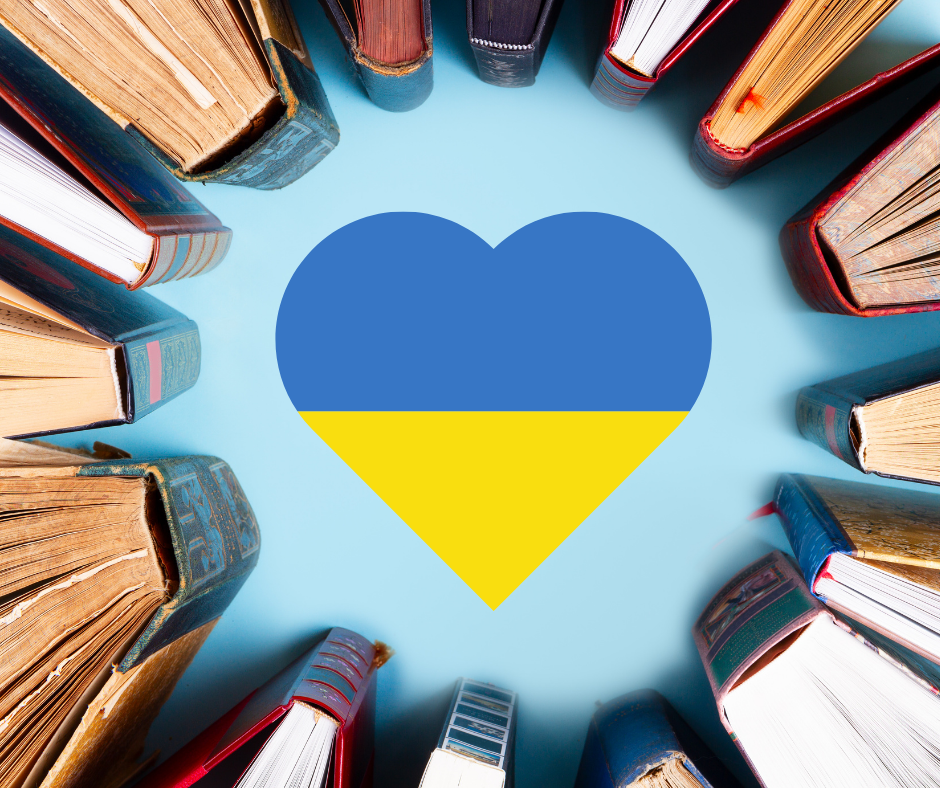 Flaga Ukrainy jako serce otoczone książkami