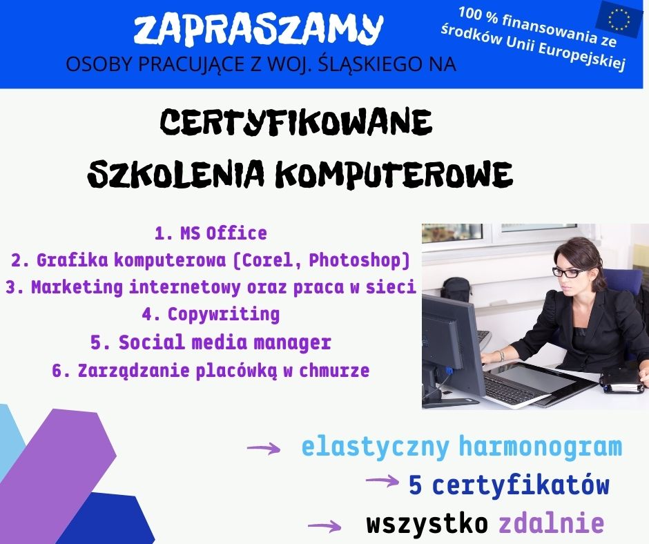 Plakat napis-Certyfikowane szkolenia komputerowe