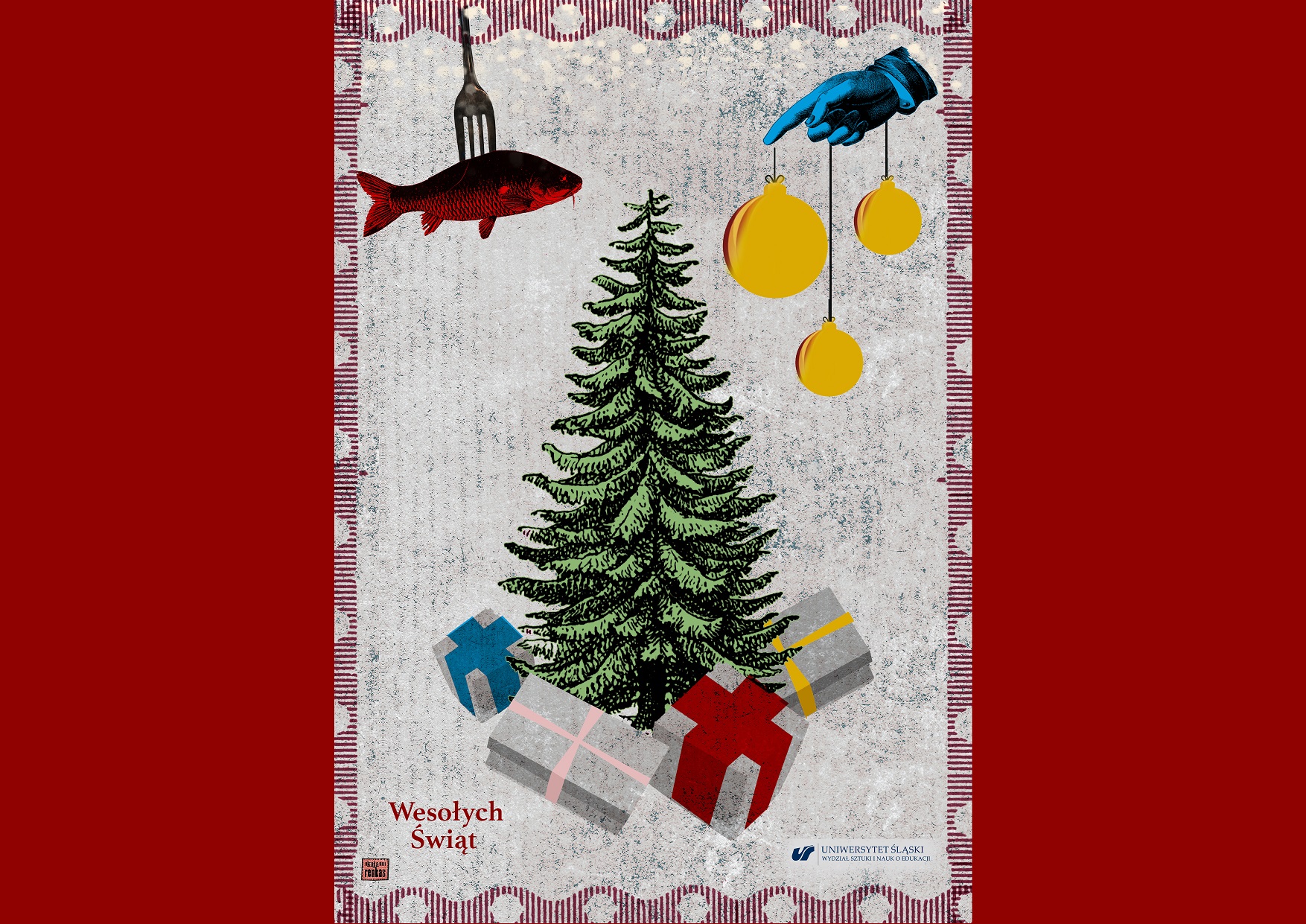 Obrazek świąteczny-choinka, ryba, prezenty, ozdoby świąteczne